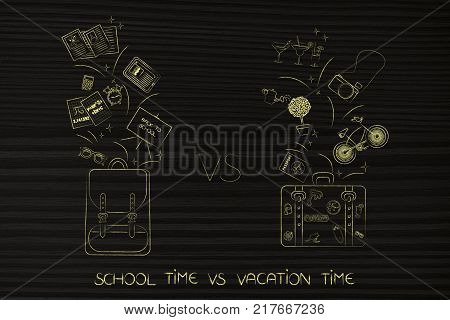 school time vs vacation time: backpack with educationa objects flying out and luggage with fun-related items