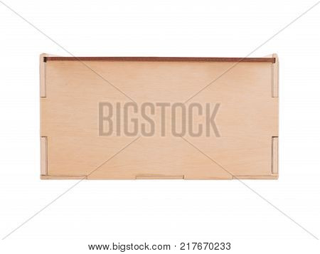 Wooden closed, square box, for children's geometric shapes, isolated on white background.