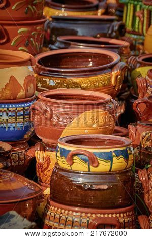 A Lot of Earthenware Crockery on the Pottery Market