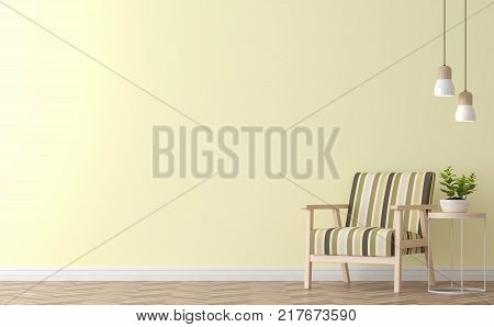 Modern vintage living room with yellow wall 3d rendering image.There are yellow paint wall and wood floor Funished with vintage wood chair