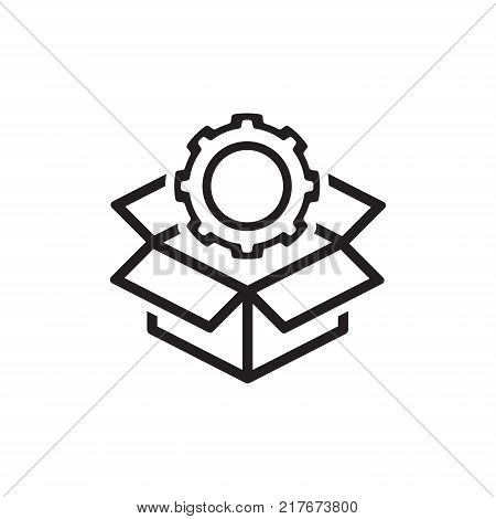 Engineering Solutions Icon. Gear and Cardbox. Product Symbol. Flat Line Pictogram. Isolated on white background.