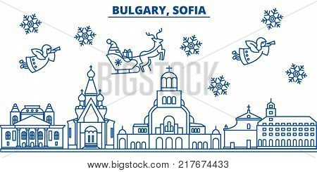 Bulgaria, Sofia winter city skyline. Merry Christmas, Happy New Year decorated banner with Santa Claus.Winter greeting line card.Flat, outline vector. Linear christmas snow illustration