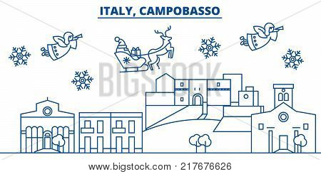 Italy, Campobasso winter city skyline. Merry Christmas, Happy New Year decorated banner with Santa Claus.Winter greeting line card.Flat, outline vector. Linear christmas snow illustration