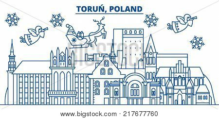 Poland, Torun winter city skyline. Merry Christmas, Happy New Year decorated banner with Santa Claus.Winter greeting line card.Flat, outline vector. Linear christmas snow illustration