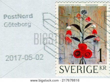 GOMEL, BELARUS, 6 DECEMBER 2017, Stamp printed in Sweden shows image of the Halsingegardar, circa 2015.