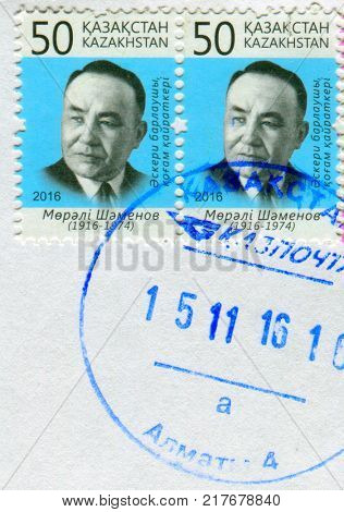 GOMEL, BELARUS, 6 DECEMBER 2017, Stamp printed in Kazakhstan shows image of the Scout Murali Shamenov, circa 2016. 