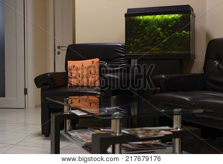 waiting room with aquarium and glass coffee table. near the aquarium is a leather sofa and armchair. top view