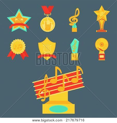 Music vector award statuette microphone and notes entertainment winner top artist achievement musicnote prize illustration.