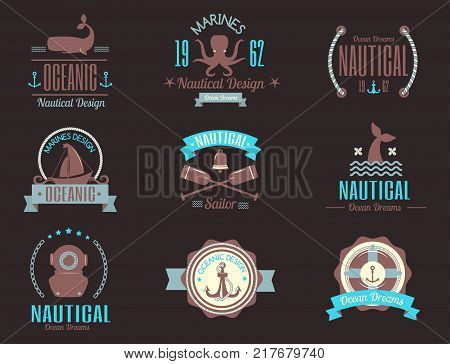 Fashion nautical logo sailing themed label or icon with ship sign ribbons travel element graphic badges vector illustration. Style cruise business insignia template.