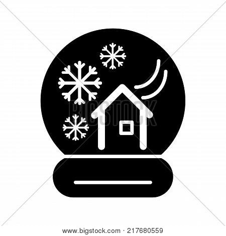 Glass snow ball with house and winter landscape. Snow globe black silhouette - Christmas decoration or gift. Waterglobe in material design- transparent sphere, New Year giveaway or souvenir. EPS10