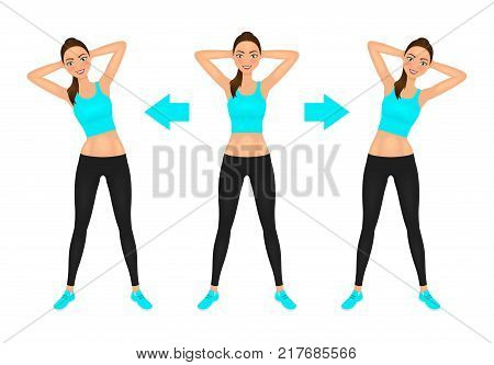 Young pretty woman make side bend exercise with hands behind head. Fit girl in leggings and crop top. Warm-up instruction vector illustration