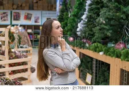 customer girl choosing Christmas tree for the new year on Christmas Eve. difficult decision. Various choice