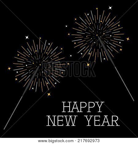 Happy New Year. Bengal light set. Christmas sparkler decoration firework. Fire stick. Shining lines and star sparcles. Round burning lights. Flat design. Black background Isolated. Vector illustration