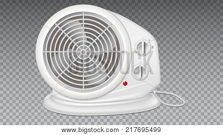 White electric heater with fan, radiator appliance for space heating. Icon of domestic heater with electric cord. 3D illustration, isolated on transparent background