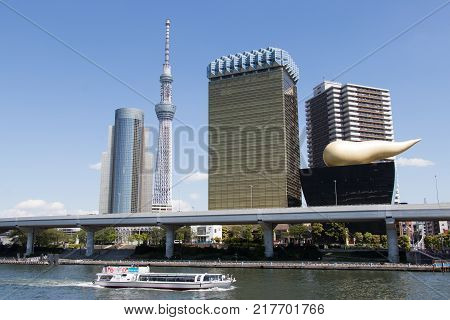 Tokyo Japan April 242017 Tokyo skytree the highest tower in Japan with blue sky background and Sumida river as foreground