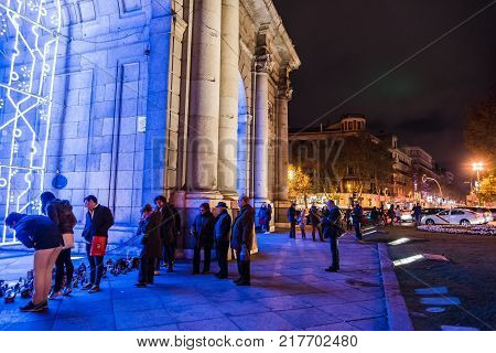 Madrid, Spain - December 8, 2017: Nativity scenes placed by anonymous people in Puerta de Alcala as the Mayor of Madrid, Manuela Carmena , has not allowed the traditional Nativity Scene