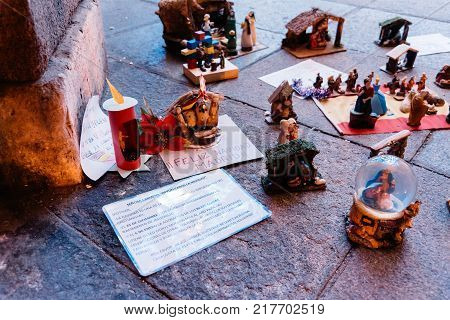 Madrid, Spain - December 8, 2017: Nativity scenes placed by anonymous people in Puerta de Alcala as the Mayor of Madrid, Manuela Carmena , has not allowed the traditional Nativity Scene