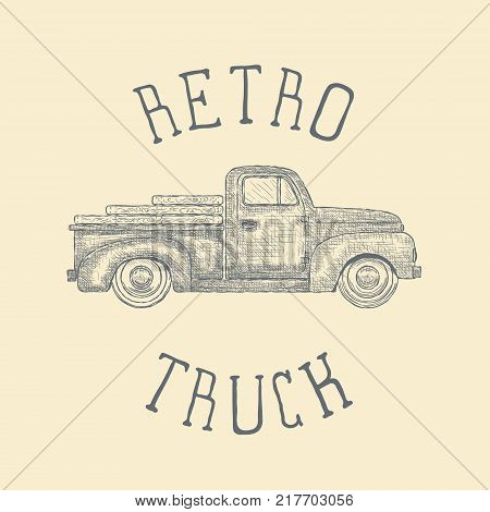 Hand drawn Engraved Retro Vintage Pickup Truck. Vector illustration