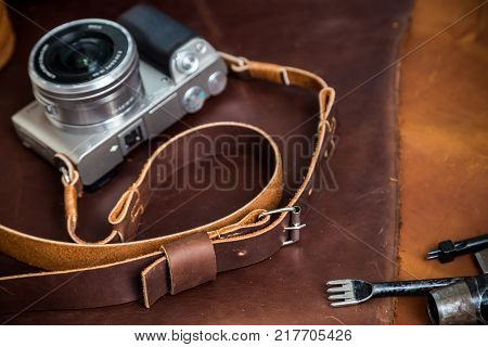 Mirrorless Vintage Camera With Leather Strap And Tool Of Hand Made