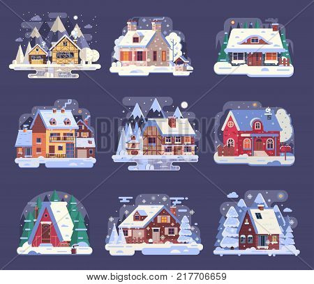 Winter country houses and cabins collection. Cartoon snow homes and rural cottages set. Including wooden chalet, mountain lodge, half-timbered mountain house snowy buildings by night in flat design.