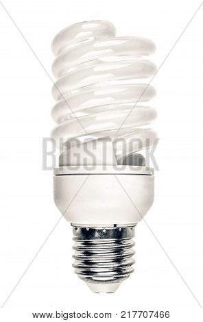Energy saving fluorescent light bulb on white bakground. close up