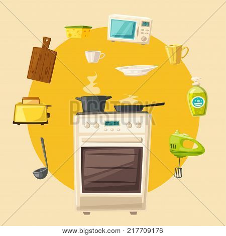 Kitchen interior. Cartoon vector illustration. Table, stove, cupboard, cooker and fridge. Home indoor, kitchen appliances furniture. Cooking banner. For web and print