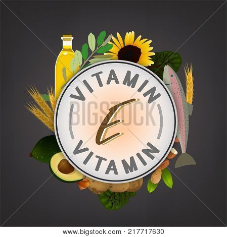 Vitamin E banner. Beautiful vector illustration with caption lettering and top foods highest in vitamin E isolated on a dark grey background. Useful for leaflet, brochure or poster design