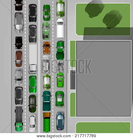 Heavt traffic background with different car images. Busy road in a city. Aerial view. Editable vector illustration in modern flat style. Automotive collection.