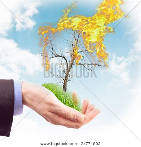 มนุษย์มือถือชิ้นส่วนของธรรมชาติในเปลวไฟ