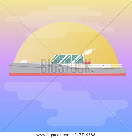 Old motor boat at sunset in sea.