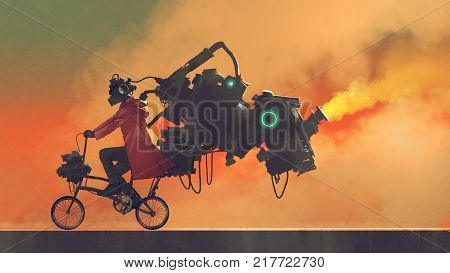 robot man on a bike designed with futuristic machines, digital art style, illustration painting