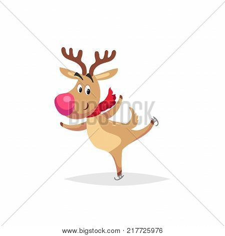 Cartoon cute reindeer with big red nose and scarf skates. Christmas and winter symbold. Great for greeting cards and invitations. Vector illustration.
