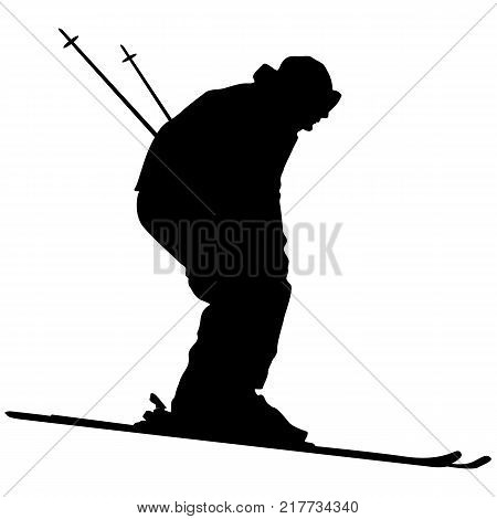 Mountain skier speeding down slope. Vector sport silhouette.