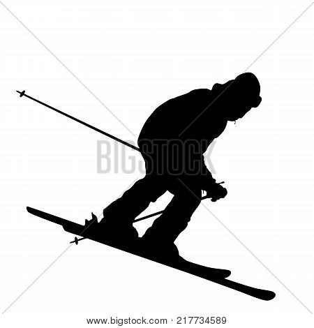 Mountain skier speeding down slope. Vector sport silhouette.