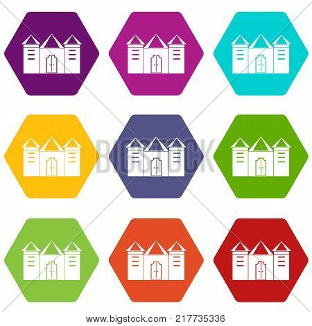 Wall and gate of the old fortress icon set many color hexahedron isolated on white vector illustration