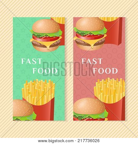 Fast food banners with burger and french fries. Graphic design elements for menu packaging, advertising, poster, brochure and background. Vector illustration for bistro, snackbar, cafe or restaurant