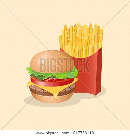 Burger and french fries in paper box - cute cartoon colored picture. Graphic design elements for menu, poster, brochure. Vector illustration of fast food for bistro, snackbar, cafe or restaurant