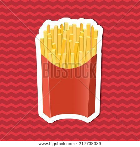 Sticker of french fries in paper box on red striped background. Graphic design elements for menu, poster, brochure. Vector illustration of fast food for bistro, snackbar, cafe or restaurant