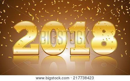 2018 Happy new year. Gold Numbers Design of greeting card of Falling Shiny Confetti. Gold Shining Pattern. Happy New Year Banner with 2018 Numbers on Bright Background. Vector illustration.