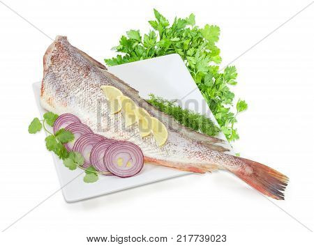 Carcass of the uncooked red cod without head with cilantro and dill twigs lemon sliced red onion on the large square white dish and bundles of the parsley on a white background
