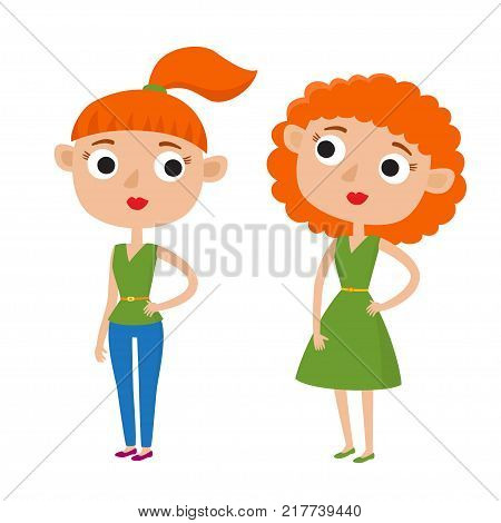 Vector illustration of color cute cartoon woman in casual clothes in various poses isolated on white. Redhaired woman in green dress for cocktail party. Woman with pony tail in jeans and green blouse. Elegant ladies.