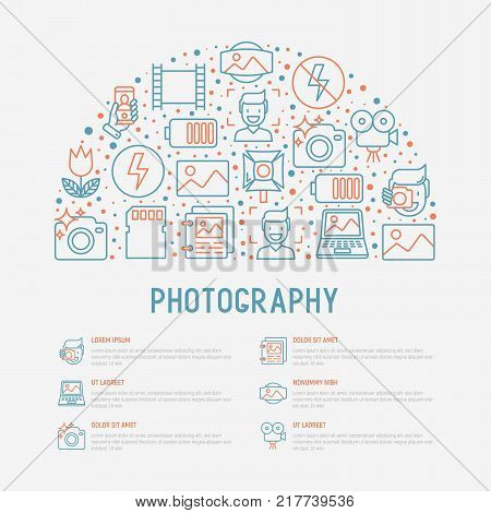 Photography concept in half circle with thin line icons of photographer, film, crop, flash, focus, light, panorama. Vector illustration for banner, web page, print media.