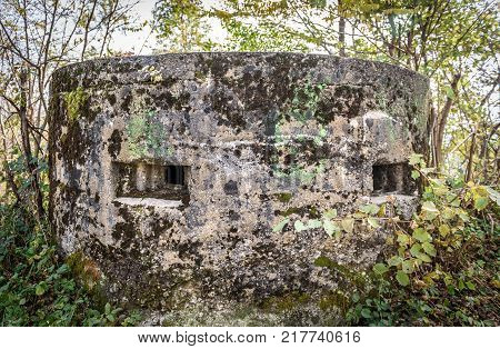 Abandoned world war army bunker covered with moss in forest. Ruins of concrete military armoured bunker in Slovenia.