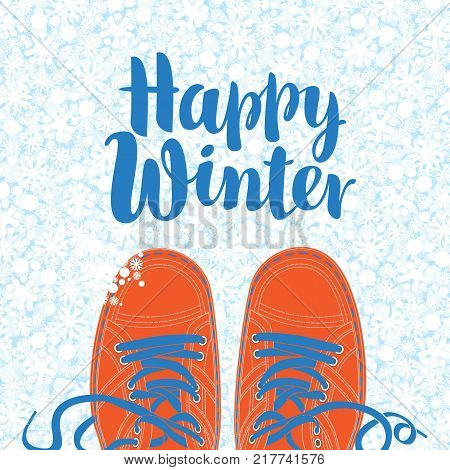 Winter banner with blue inscription Hello Winter and red shoes on the background of seamless pattern of white snowflakes. Vector illustration