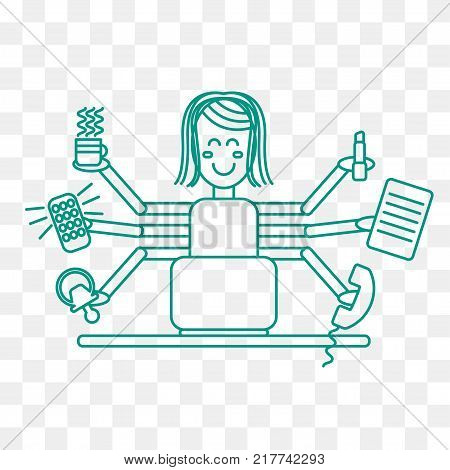 Woman freelancer with six hands working at  computer. Remote staff at workplace. Balance of work and rest. Vector illustration