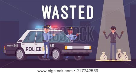 Wasted in video game. Player is injured and collapses, protagonist losing all of health, being shot or caught by the police. Vector flat style cartoon illustration