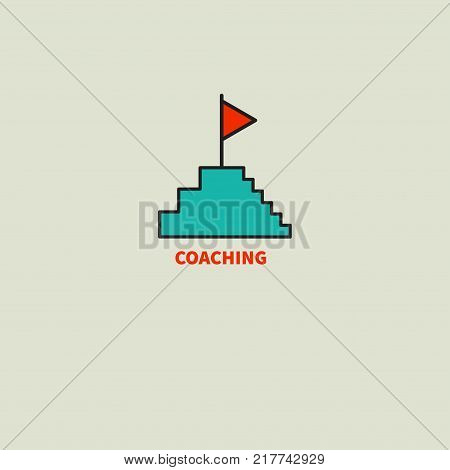 Logo coach. Advancing in career. Top of  stairs with flag. Symbol of win. Ssuccess in business. Vector illustration