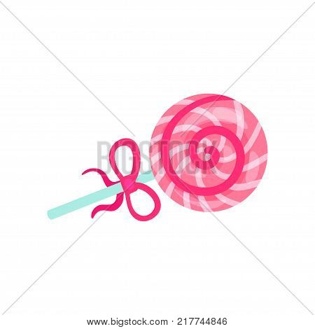 Lollipop with pink and white stripes summer time cartoon vector Illustration on a white background