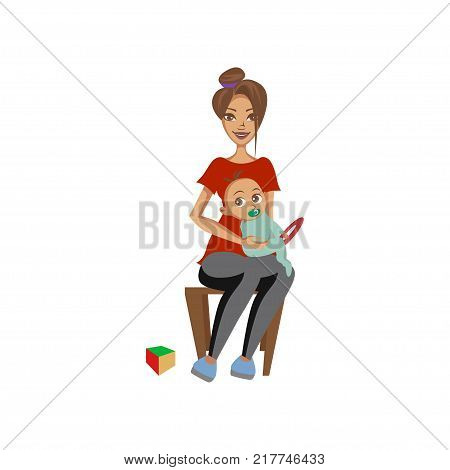 Young woman sitting on chair with toddler baby on her knees mother caring for her child colorful cartoon vector Illustration on a white background