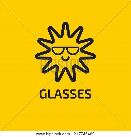 Sun wears glasses. Linear summer smiley, emoticon, emoji. Icon glasses shop. Stock vector